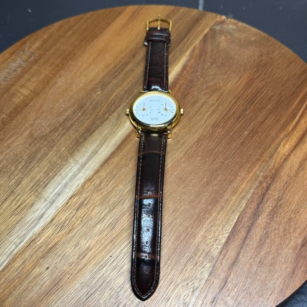 Sevil Dual Time Zone Watch Gold Tone Brown Leather Strap Japan Quartz Movt